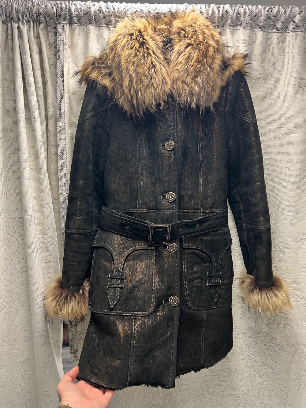 Dio Gomez by Derma Dark Brown/Metallic -Shearling Lined Coat with Fur Trim
